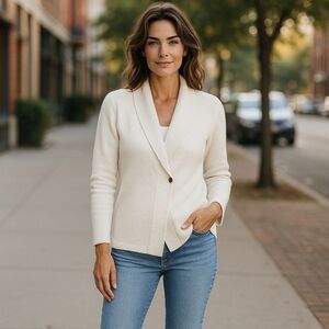 Natori ✦ White Chunky Knit Cardigan Sweater ✦ Button Closure Cowl Collar M